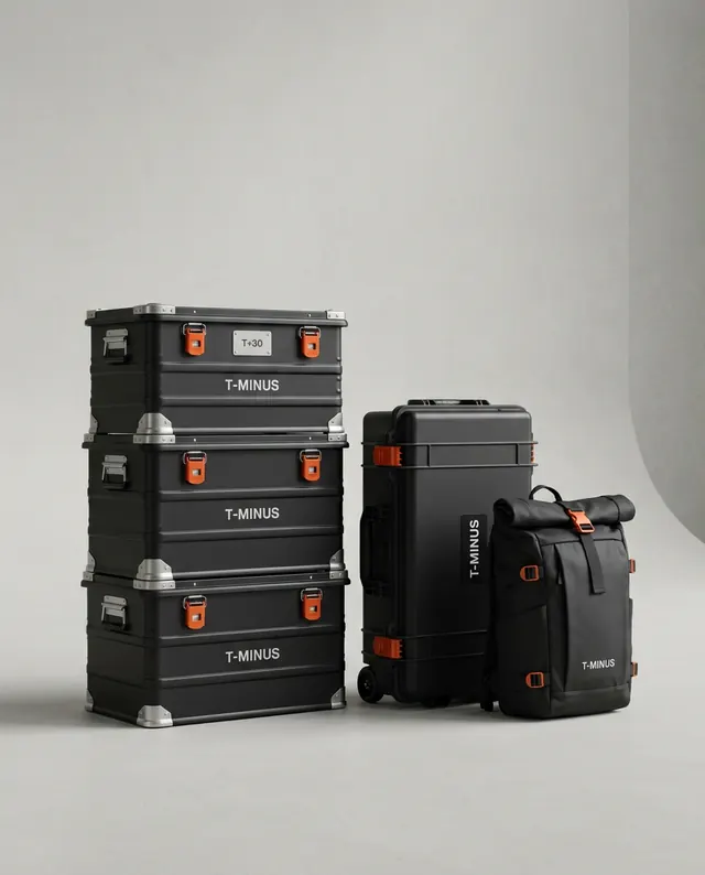 T+30, The Residence: three stacked matte black aluminium cases beside a wheeled hard case and a roll-top pack, all etched T-MINUS