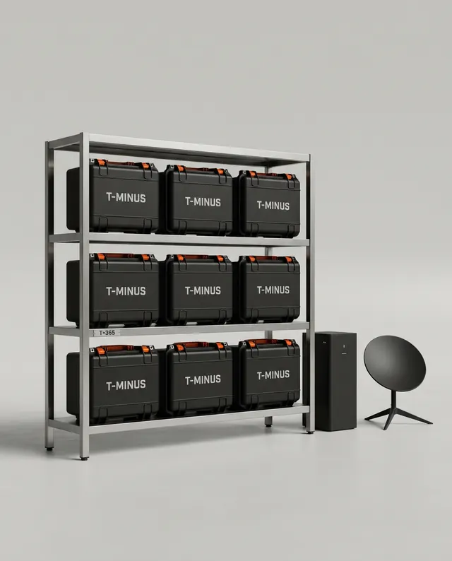 T+365, The Sovereign: a stainless-steel provision wall of twelve matte black cases beside a home battery and a satellite dish