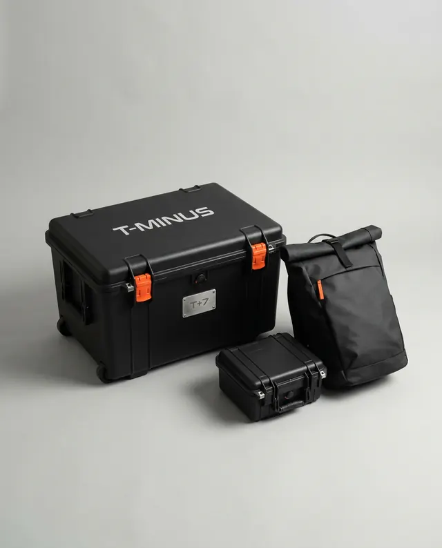 T+7, The Household: a matte black wheeled hard case with orange latches, a smaller black case and a roll-top pack, each etched T-MINUS