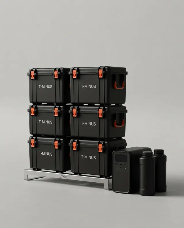 T+90, The Estate: six matte black cases on a brushed stainless-steel rack beside a home power station and black water containers